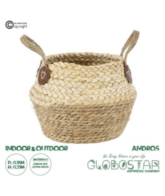 GloboStar® Artificial Garden ANDROS 20315 Διακοσμητικό Πλεκτό Καλάθι - Κασπώ Γλάστρα - Flower Pot Καφέ με Μπεζ Φ18cm x Υ21cm